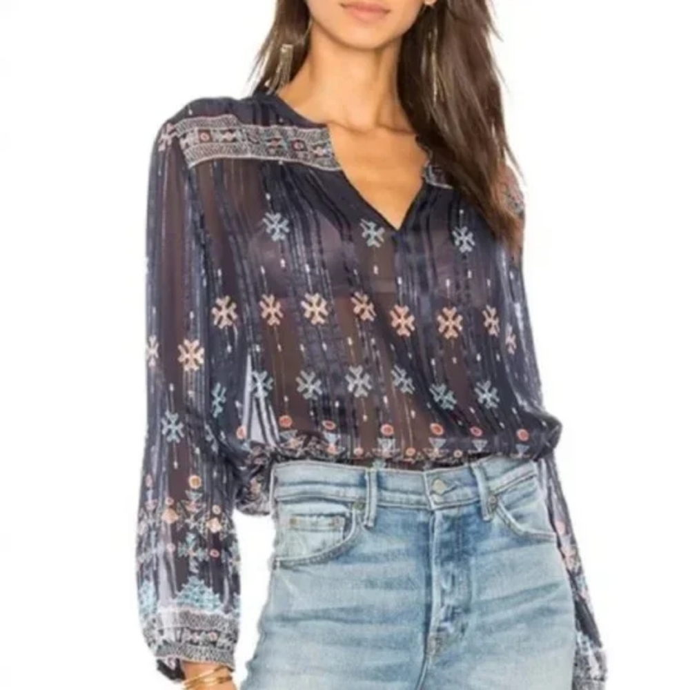 Joie Navy Sheer Embroidered Peasant Blouse
